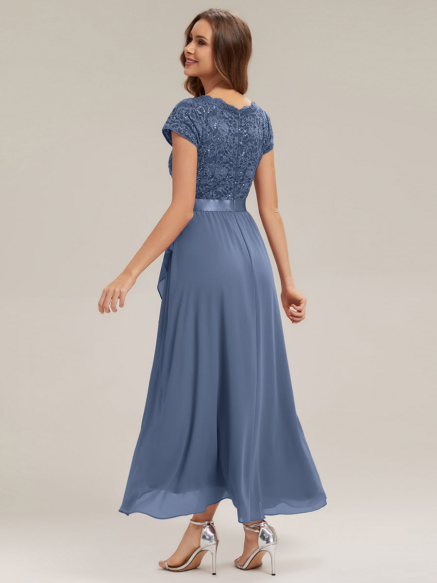 Asymmetrischer Saum, tiefer V-Ausschnitt, Chiffon-Kleid mit Rüschen-Patchwork – Hoch-Tief-Kleid #Farbe_Taubenblau