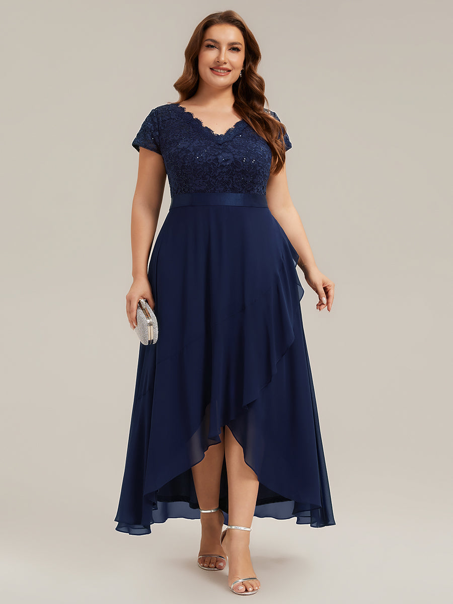 Asymmetrischer Saum, tiefer V-Ausschnitt, Chiffon-Kleid mit Rüschen-Patchwork – Hoch-Tief-Kleid #Farbe_Marineblau