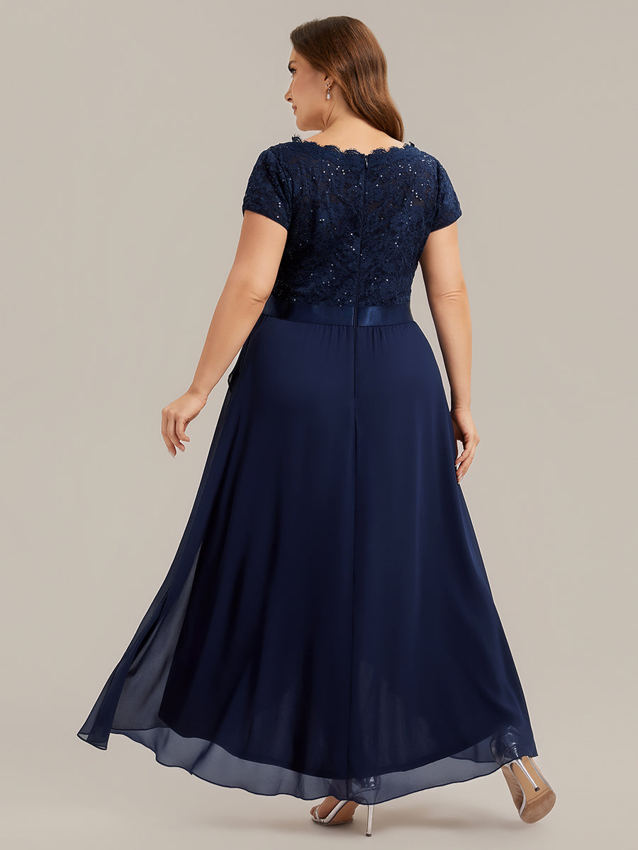 Asymmetrischer Saum, tiefer V-Ausschnitt, Chiffon-Kleid mit Rüschen-Patchwork – Hoch-Tief-Kleid #Farbe_Marineblau