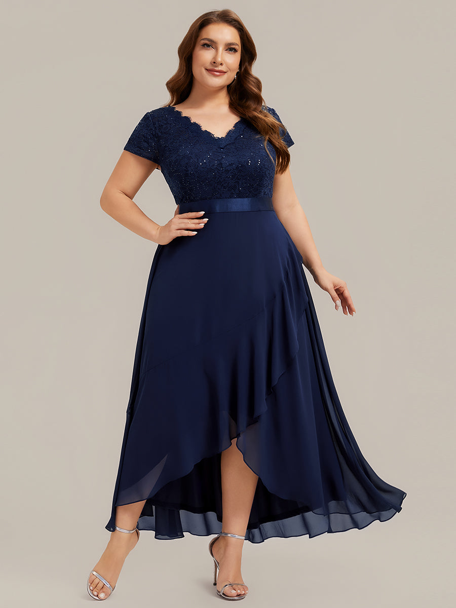 Asymmetrischer Saum, tiefer V-Ausschnitt, Chiffon-Kleid mit Rüschen-Patchwork – Hoch-Tief-Kleid #Farbe_Marineblau