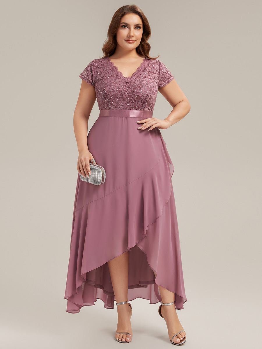 Asymmetrischer Saum, tiefer V-Ausschnitt, Chiffon-Kleid mit Rüschen-Patchwork – Hoch-Tief-Kleid #Farbe_Orchideenviolett