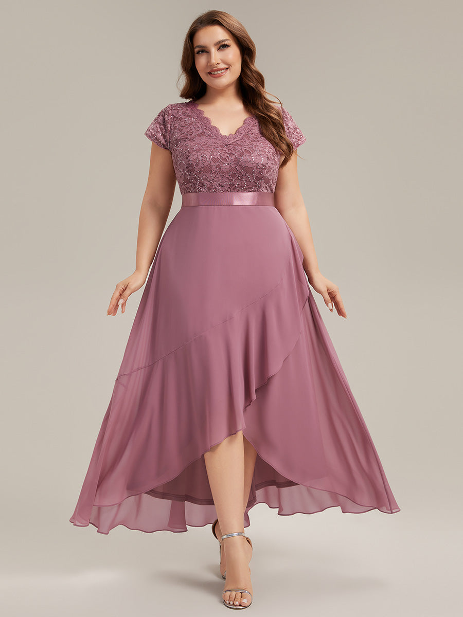 Asymmetrischer Saum, tiefer V-Ausschnitt, Chiffon-Kleid mit Rüschen-Patchwork – Hoch-Tief-Kleid #Farbe_Orchideenviolett