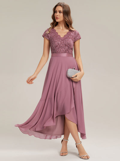 Asymmetrischer Saum, tiefer V-Ausschnitt, Chiffon-Kleid mit Rüschen-Patchwork – Hoch-Tief-Kleid #Farbe_Orchideenviolett
