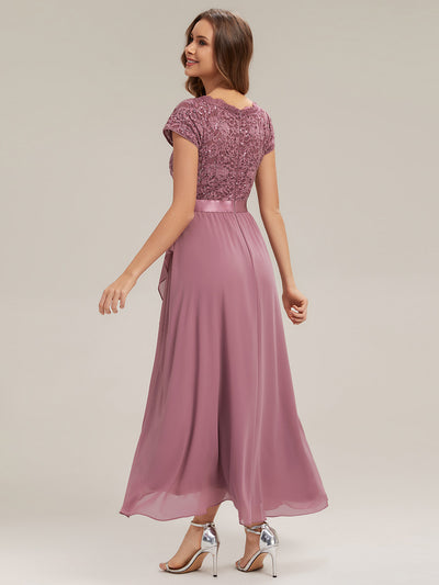 Asymmetrischer Saum, tiefer V-Ausschnitt, Chiffon-Kleid mit Rüschen-Patchwork – Hoch-Tief-Kleid #Farbe_Orchideenviolett
