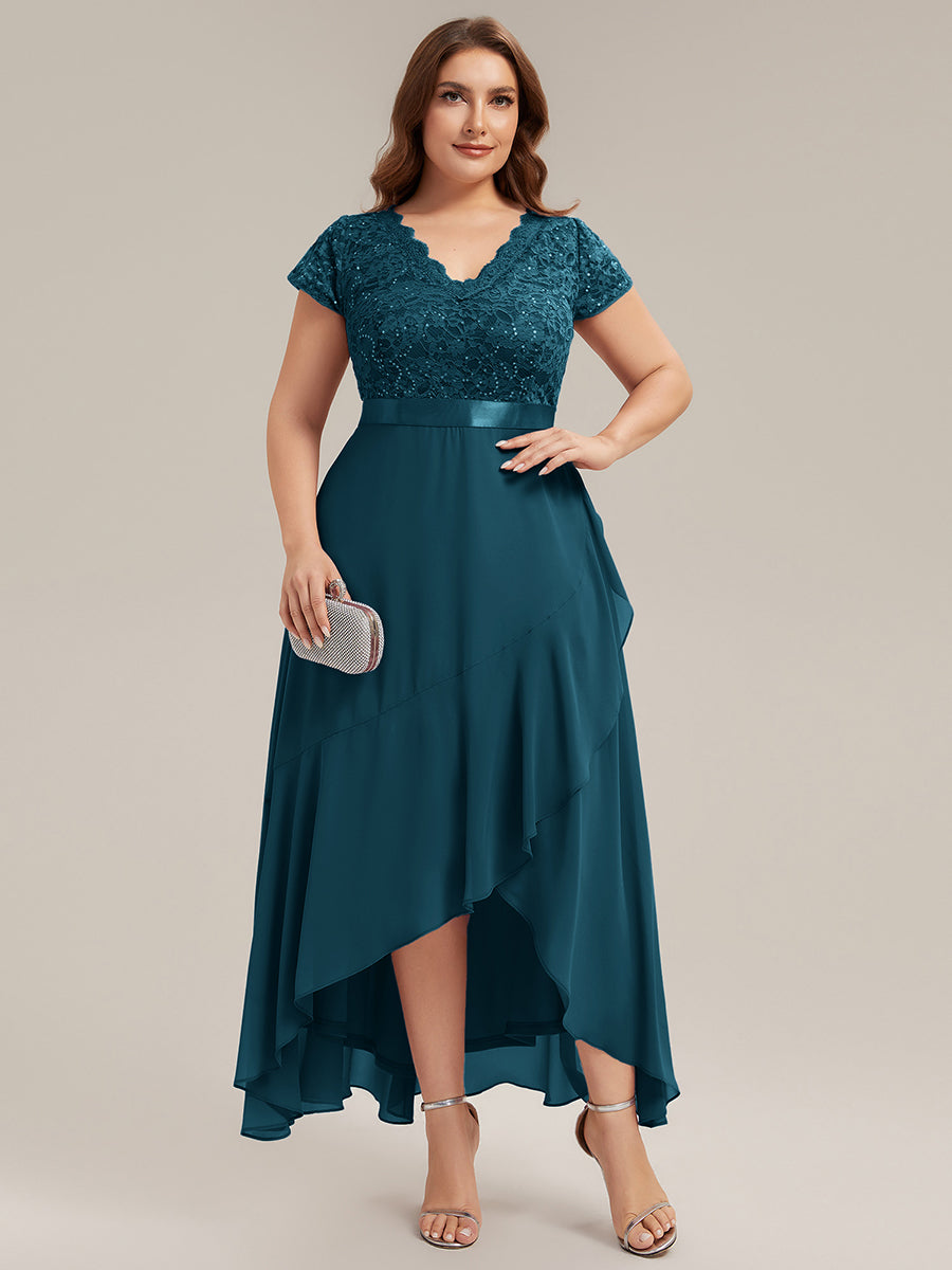 Asymmetrischer Saum, tiefer V-Ausschnitt, Chiffon-Kleid mit Rüschen-Patchwork – Hoch-Tief-Kleid #Farbe_Petrol