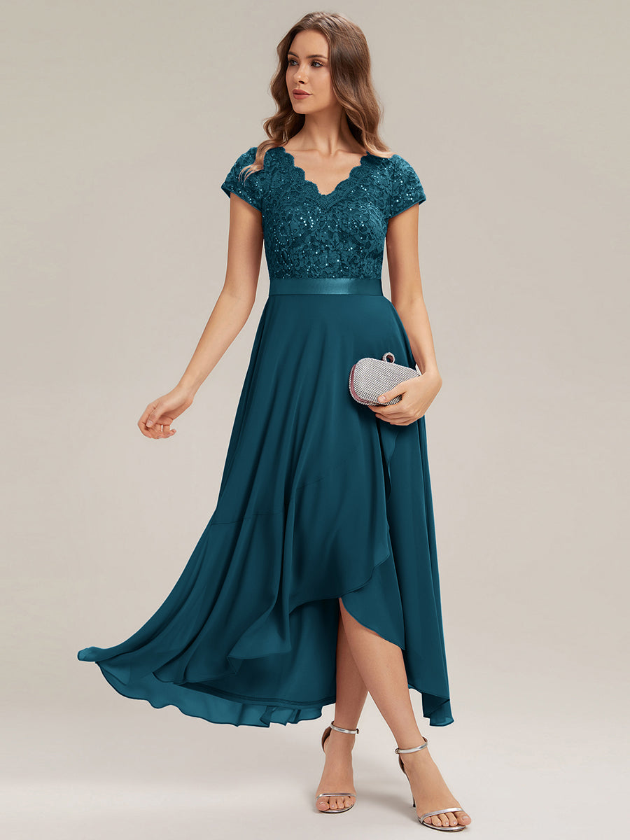 Asymmetrischer Saum, tiefer V-Ausschnitt, Chiffon-Kleid mit Rüschen-Patchwork – Hoch-Tief-Kleid #Farbe_Petrol