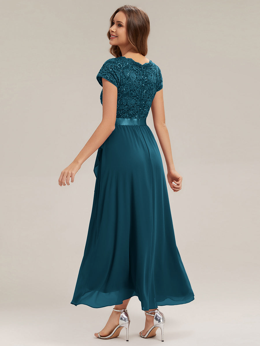 Asymmetrischer Saum, tiefer V-Ausschnitt, Chiffon-Kleid mit Rüschen-Patchwork – Hoch-Tief-Kleid #Farbe_Petrol