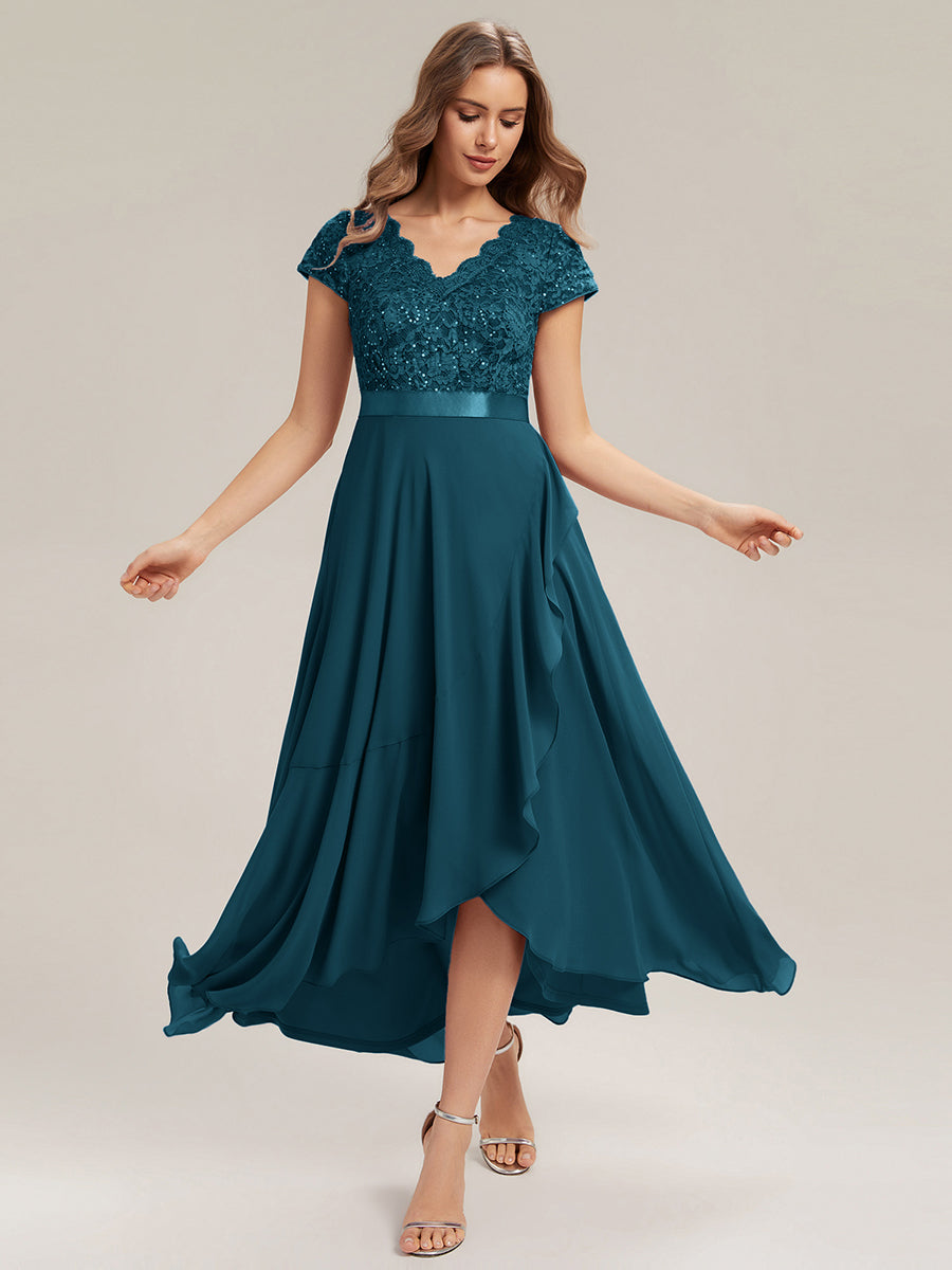 Asymmetrischer Saum, tiefer V-Ausschnitt, Chiffon-Kleid mit Rüschen-Patchwork – Hoch-Tief-Kleid #Farbe_Petrol
