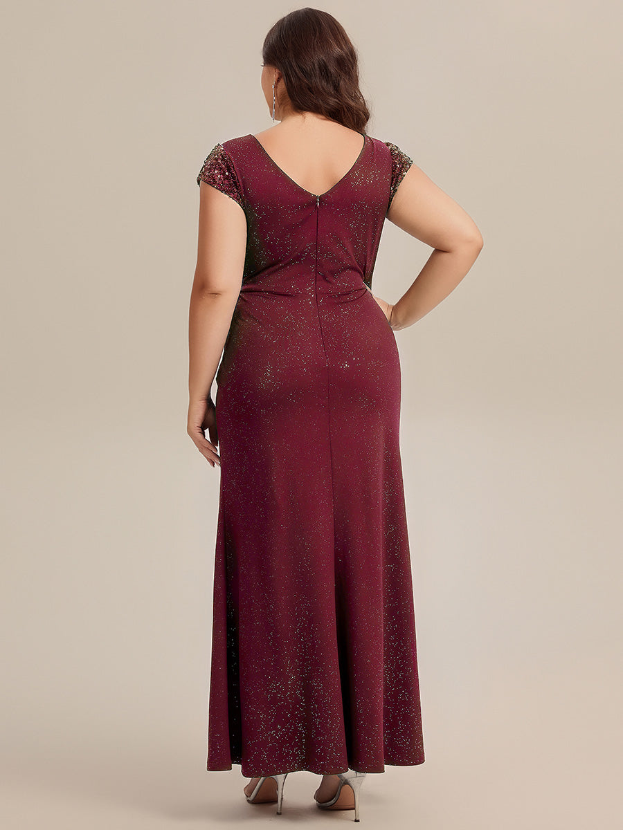 Bodenlanger V-Ausschnitt Bodycon Strickkleid Mit Geknotetem Pailletten Patchwork Glitzer Details Kleid #Farbe_Burgunderrot