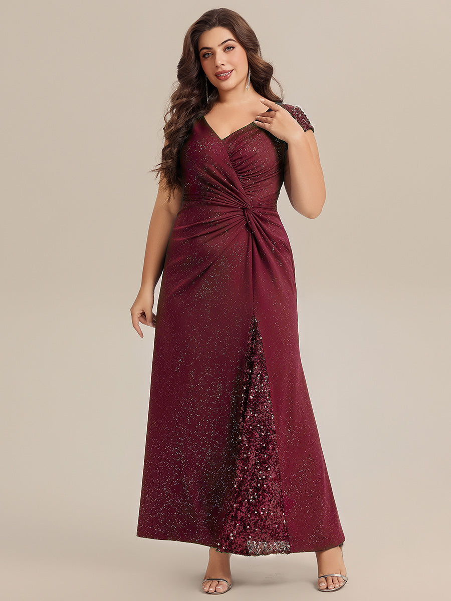 Bodenlanger V-Ausschnitt Bodycon Strickkleid Mit Geknotetem Pailletten Patchwork Glitzer Details Kleid #Farbe_Burgunderrot