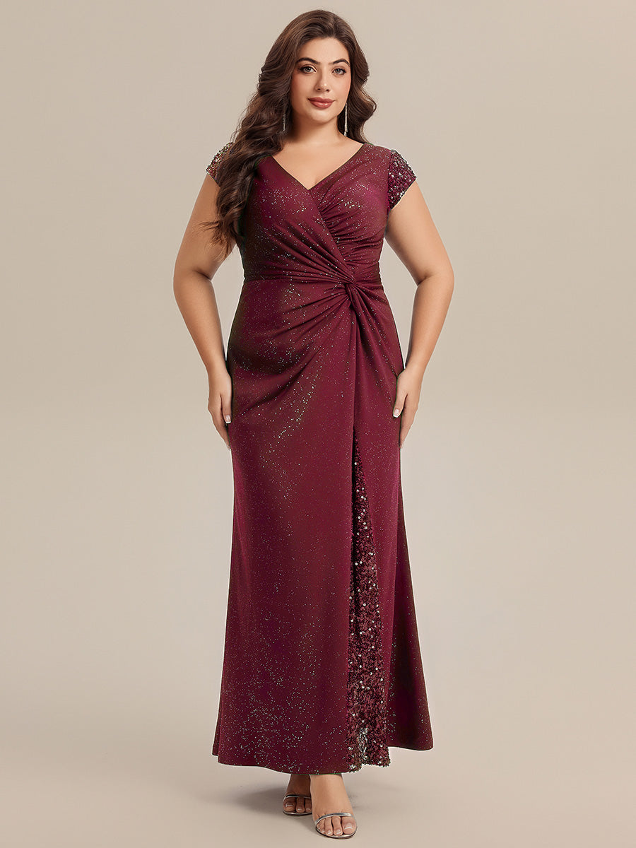 Bodenlanger V-Ausschnitt Bodycon Strickkleid Mit Geknotetem Pailletten Patchwork Glitzer Details Kleid #Farbe_Burgunderrot
