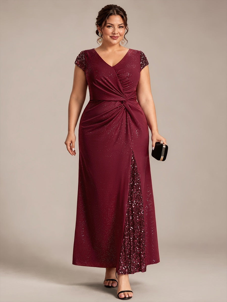 Bodenlanger V-Ausschnitt Bodycon Strickkleid Mit Geknotetem Pailletten Patchwork Glitzer Details Kleid #Farbe_Burgunderrot