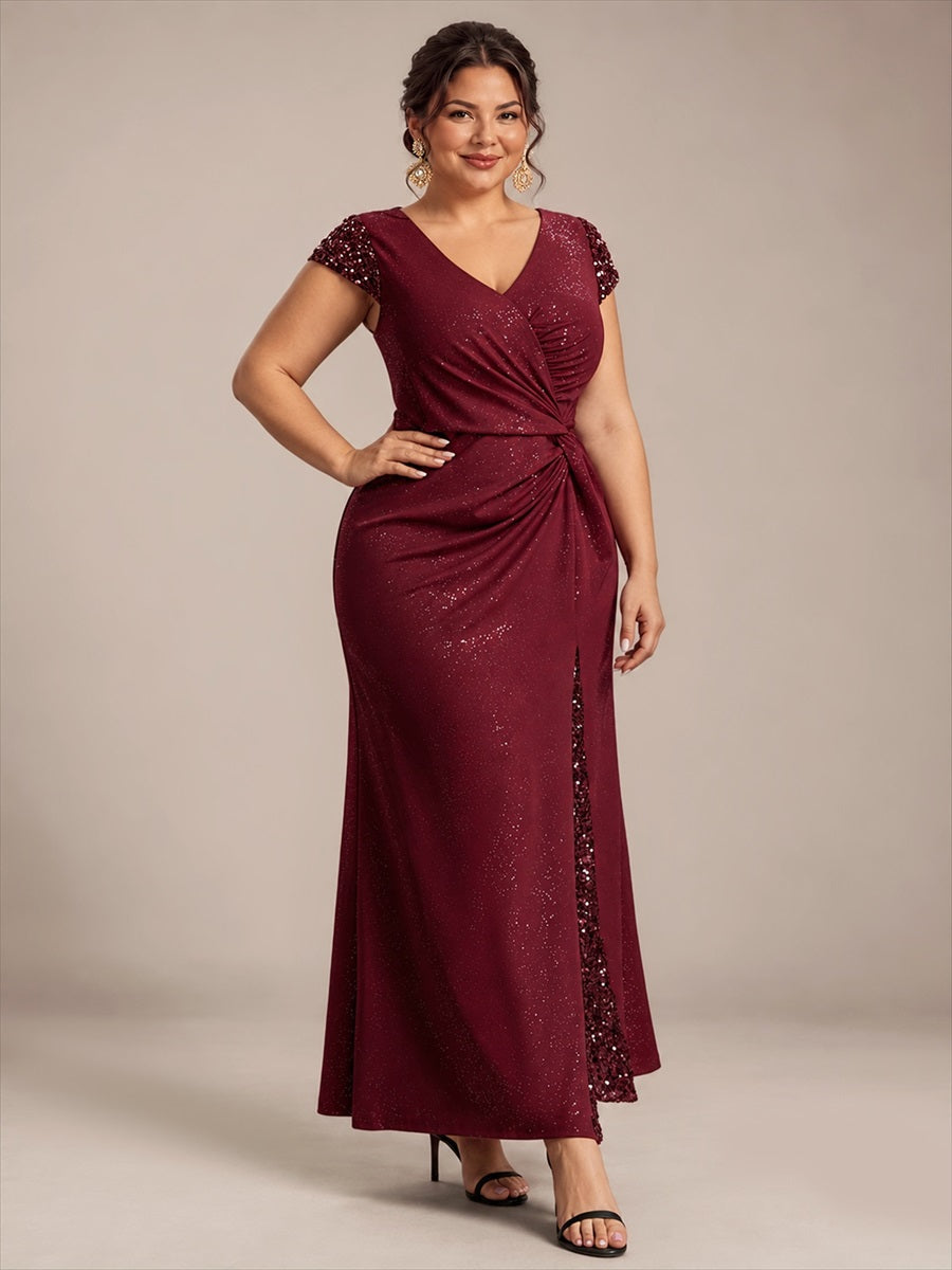 Bodenlanger V-Ausschnitt Bodycon Strickkleid Mit Geknotetem Pailletten Patchwork Glitzer Details Kleid #Farbe_Burgunderrot
