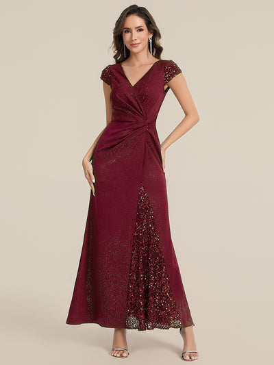 Bodenlanger V-Ausschnitt Bodycon Strickkleid Mit Geknotetem Pailletten Patchwork Glitzer Details Kleid #Farbe_Burgunderrot