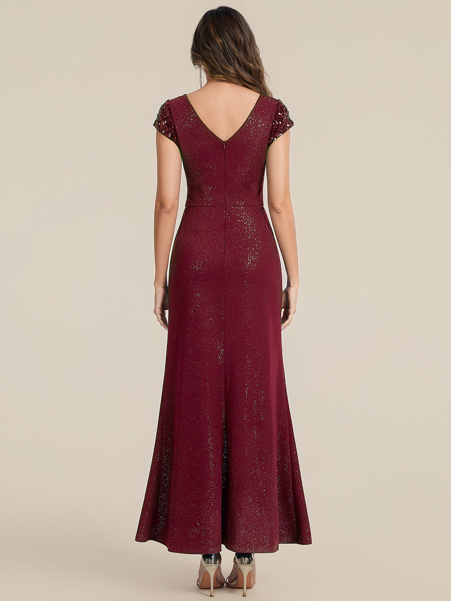 Bodenlanger V-Ausschnitt Bodycon Strickkleid Mit Geknotetem Pailletten Patchwork Glitzer Details Kleid #Farbe_Burgunderrot