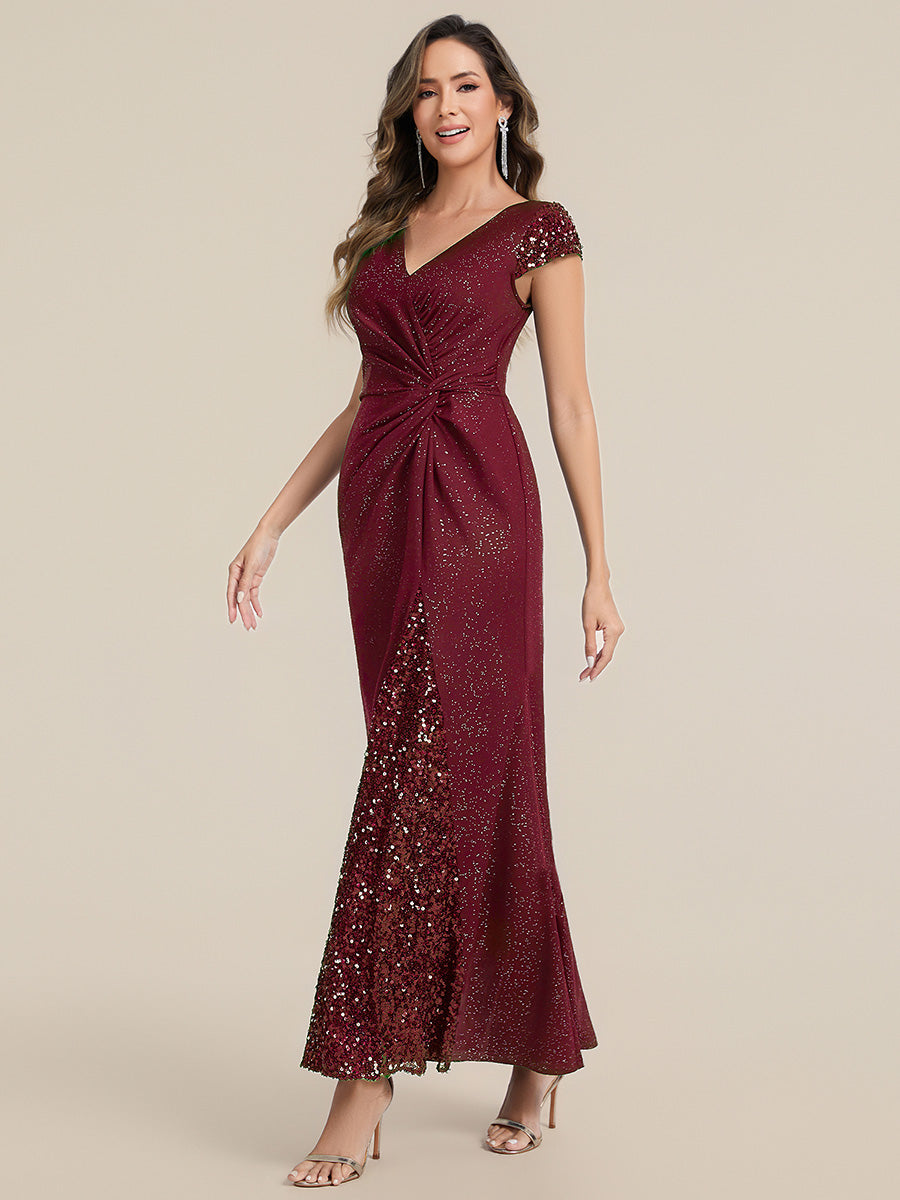 Bodenlanger V-Ausschnitt Bodycon Strickkleid Mit Geknotetem Pailletten Patchwork Glitzer Details Kleid #Farbe_Burgunderrot