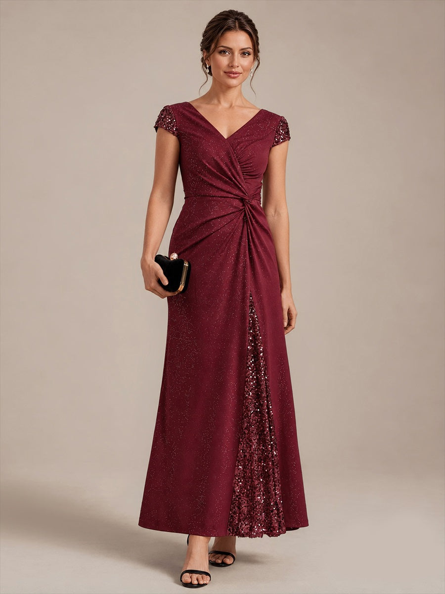 Bodenlanger V-Ausschnitt Bodycon Strickkleid Mit Geknotetem Pailletten Patchwork Glitzer Details Kleid #Farbe_Burgunderrot