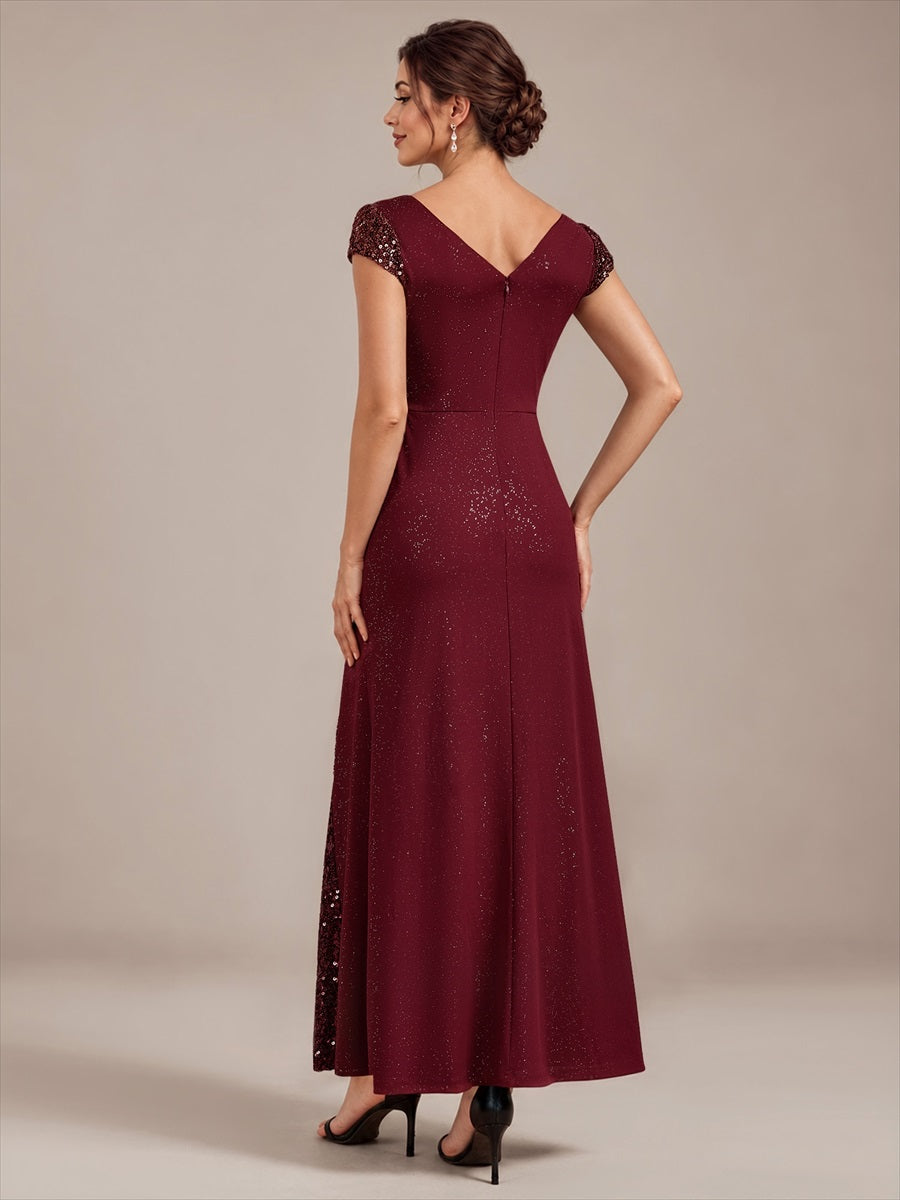 Bodenlanger V-Ausschnitt Bodycon Strickkleid Mit Geknotetem Pailletten Patchwork Glitzer Details Kleid #Farbe_Burgunderrot