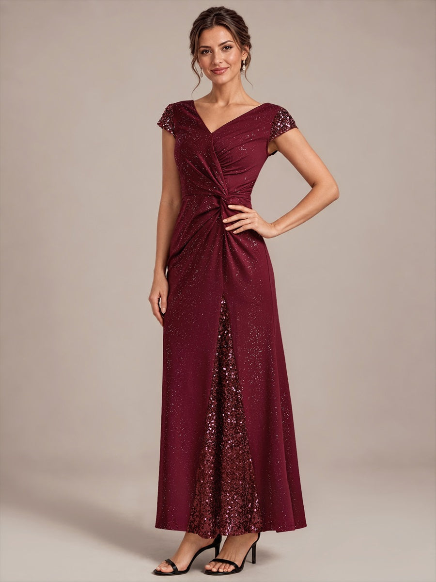 Bodenlanger V-Ausschnitt Bodycon Strickkleid Mit Geknotetem Pailletten Patchwork Glitzer Details Kleid #Farbe_Burgunderrot