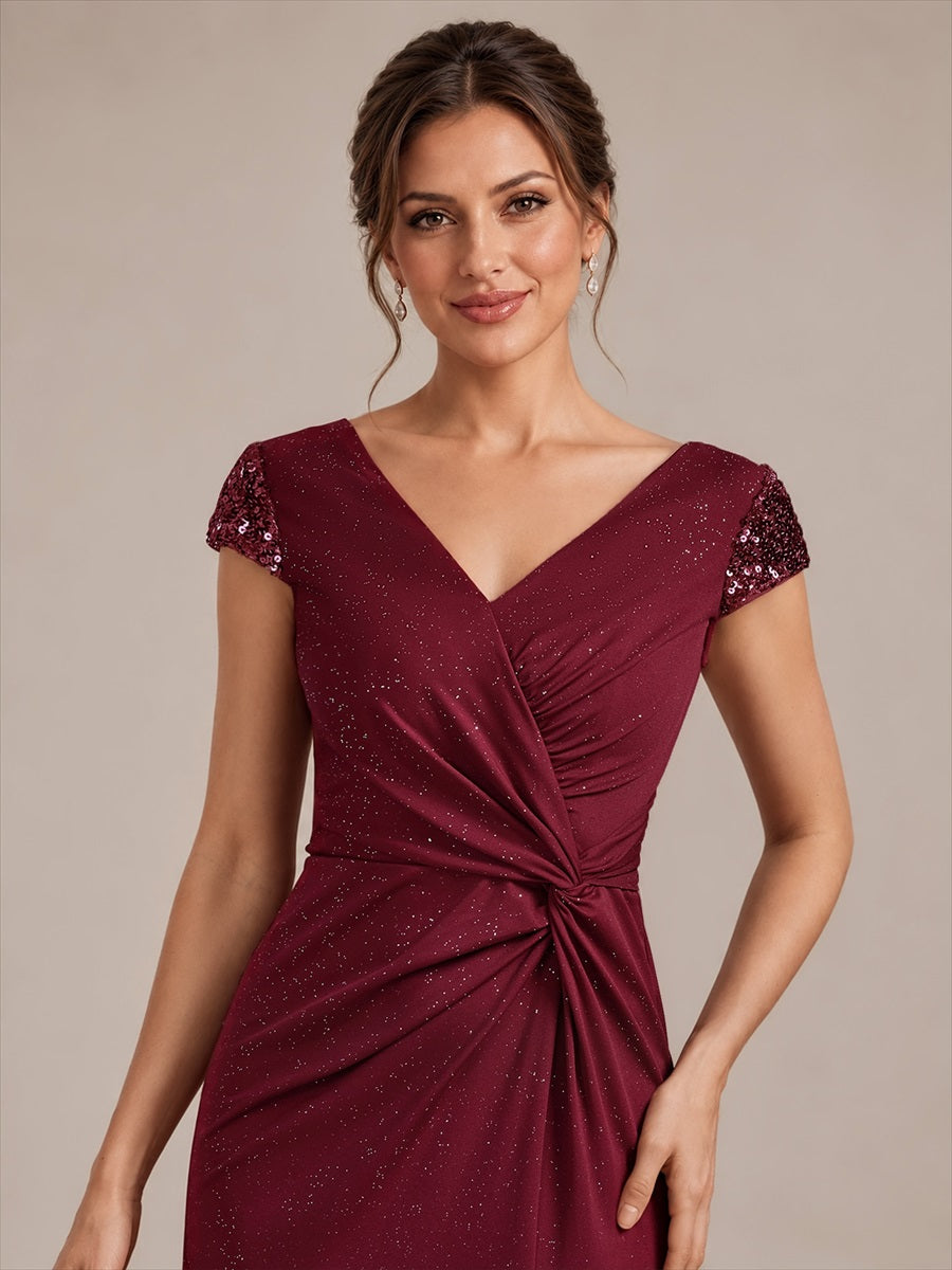 Bodenlanger V-Ausschnitt Bodycon Strickkleid Mit Geknotetem Pailletten Patchwork Glitzer Details Kleid #Farbe_Burgunderrot