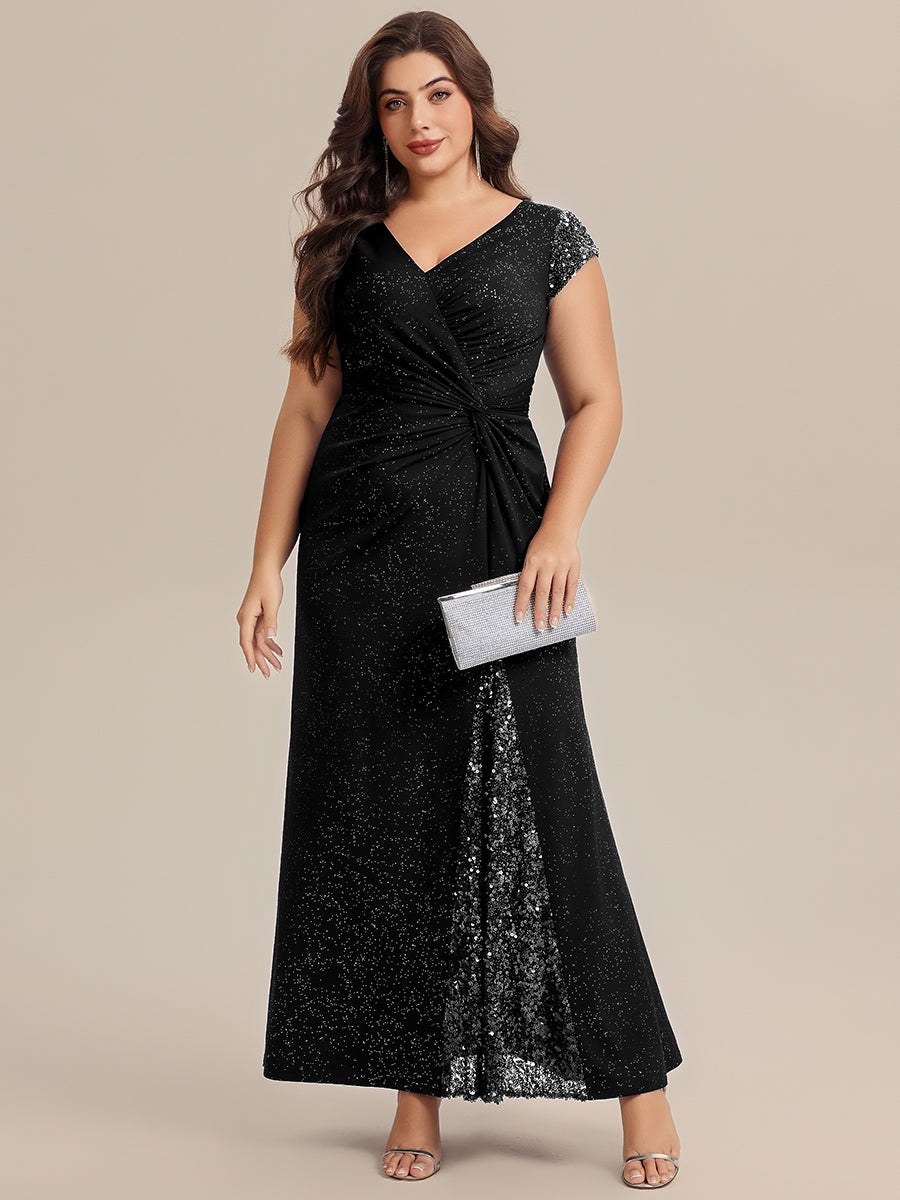 Bodenlanger V-Ausschnitt Bodycon Strickkleid Mit Geknotetem Pailletten Patchwork Glitzer Details Kleid #Farbe_Schwarz