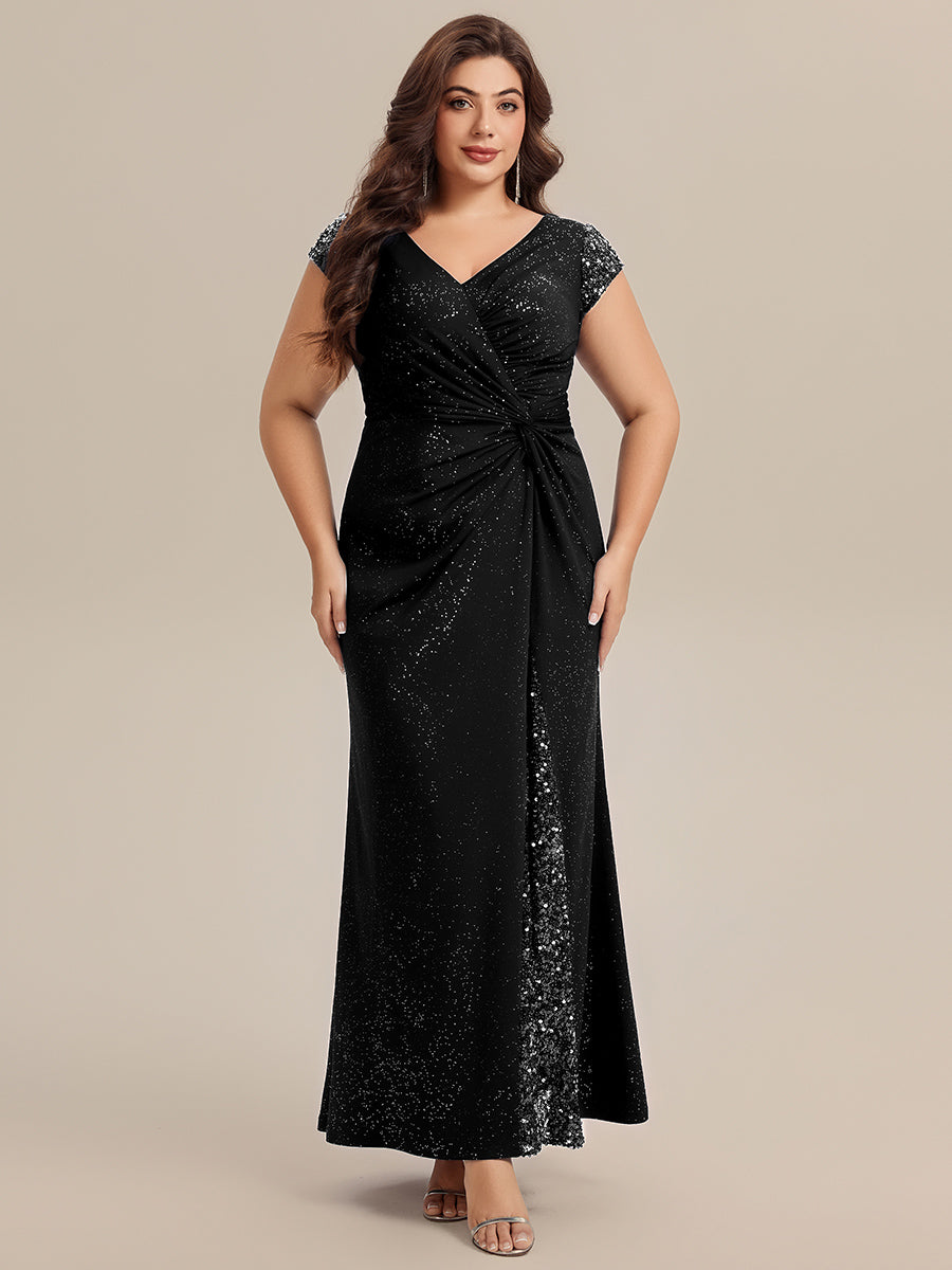 Bodenlanger V-Ausschnitt Bodycon Strickkleid Mit Geknotetem Pailletten Patchwork Glitzer Details Kleid #Farbe_Schwarz