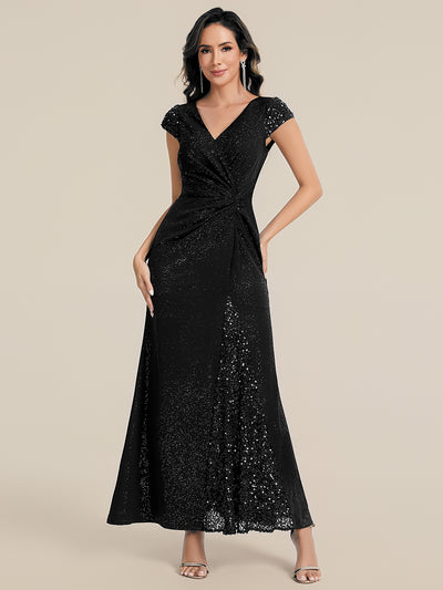 Bodenlanger V-Ausschnitt Bodycon Strickkleid Mit Geknotetem Pailletten Patchwork Glitzer Details Kleid #Farbe_Schwarz