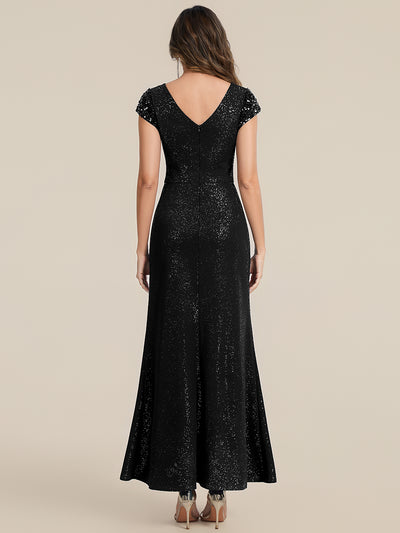 Bodenlanger V-Ausschnitt Bodycon Strickkleid Mit Geknotetem Pailletten Patchwork Glitzer Details Kleid #Farbe_Schwarz