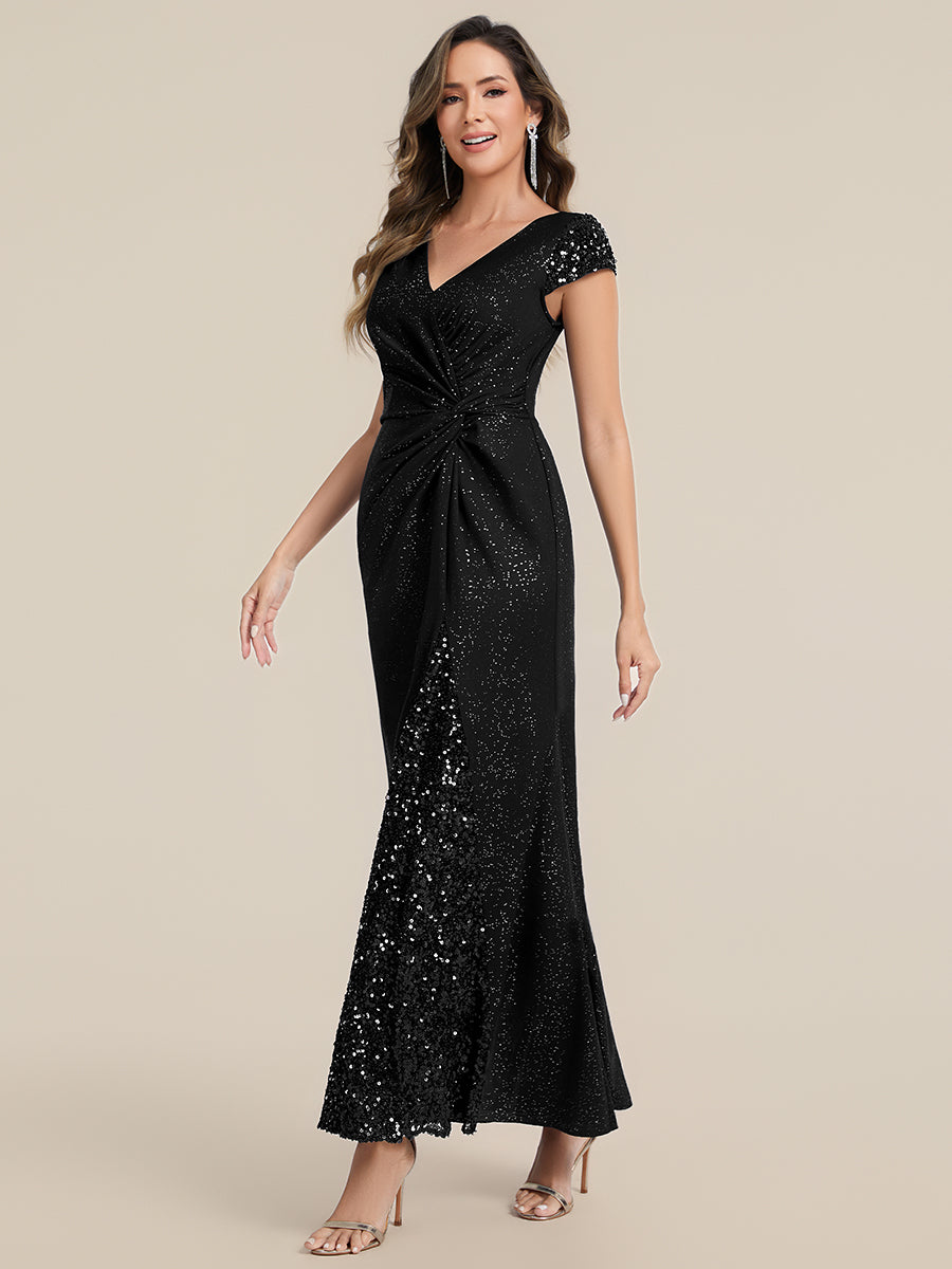 Bodenlanger V-Ausschnitt Bodycon Strickkleid Mit Geknotetem Pailletten Patchwork Glitzer Details Kleid #Farbe_Schwarz