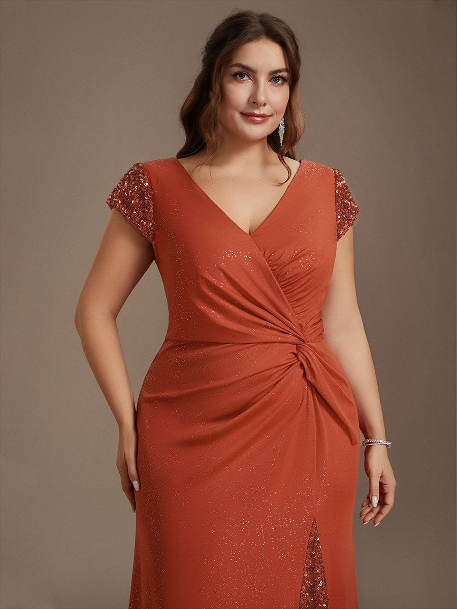 Bodenlanger V-Ausschnitt Bodycon Strickkleid Mit Geknotetem Pailletten Patchwork Glitzer Details Kleid #Farbe_Gebranntes Orange