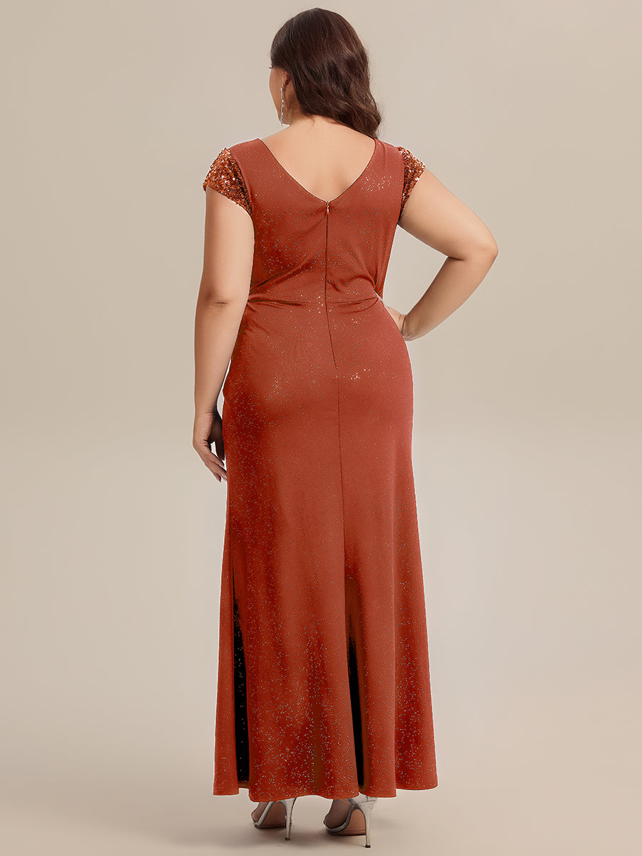 Bodenlanger V-Ausschnitt Bodycon Strickkleid Mit Geknotetem Pailletten Patchwork Glitzer Details Kleid #Farbe_Gebranntes Orange