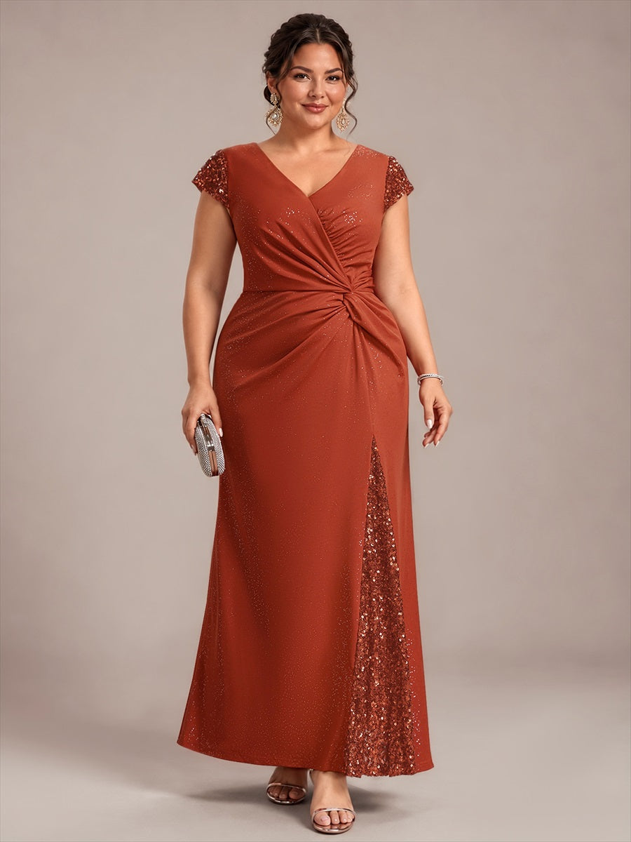 Bodenlanger V-Ausschnitt Bodycon Strickkleid Mit Geknotetem Pailletten Patchwork Glitzer Details Kleid #Farbe_Gebranntes Orange