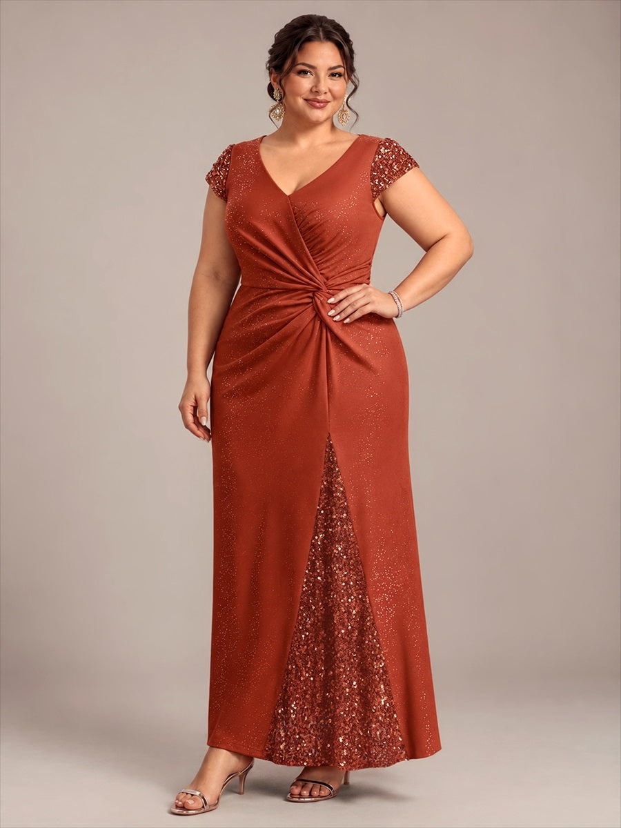 Bodenlanger V-Ausschnitt Bodycon Strickkleid Mit Geknotetem Pailletten Patchwork Glitzer Details Kleid #Farbe_Gebranntes Orange
