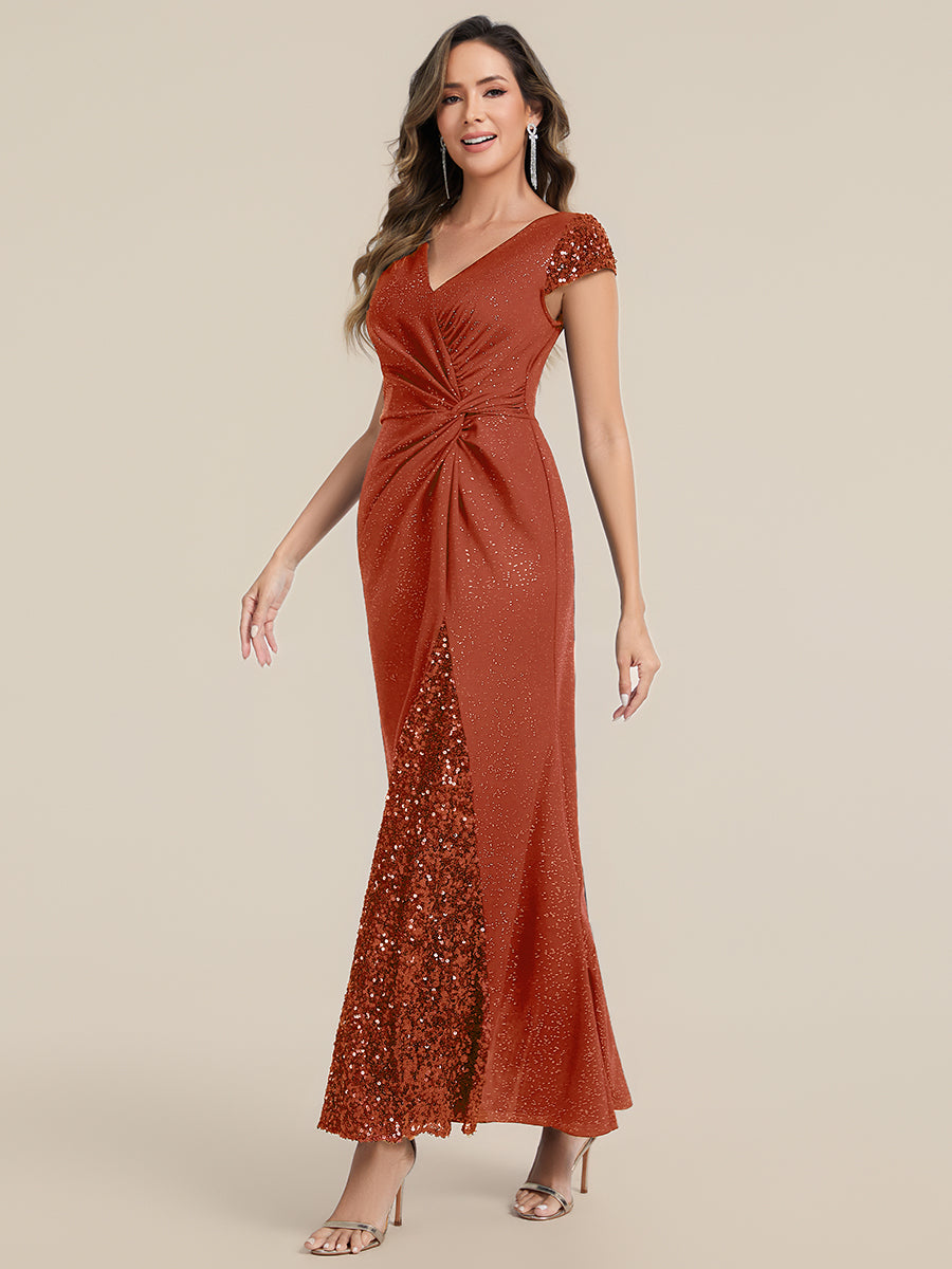Bodenlanger V-Ausschnitt Bodycon Strickkleid Mit Geknotetem Pailletten Patchwork Glitzer Details Kleid #Farbe_Gebranntes Orange