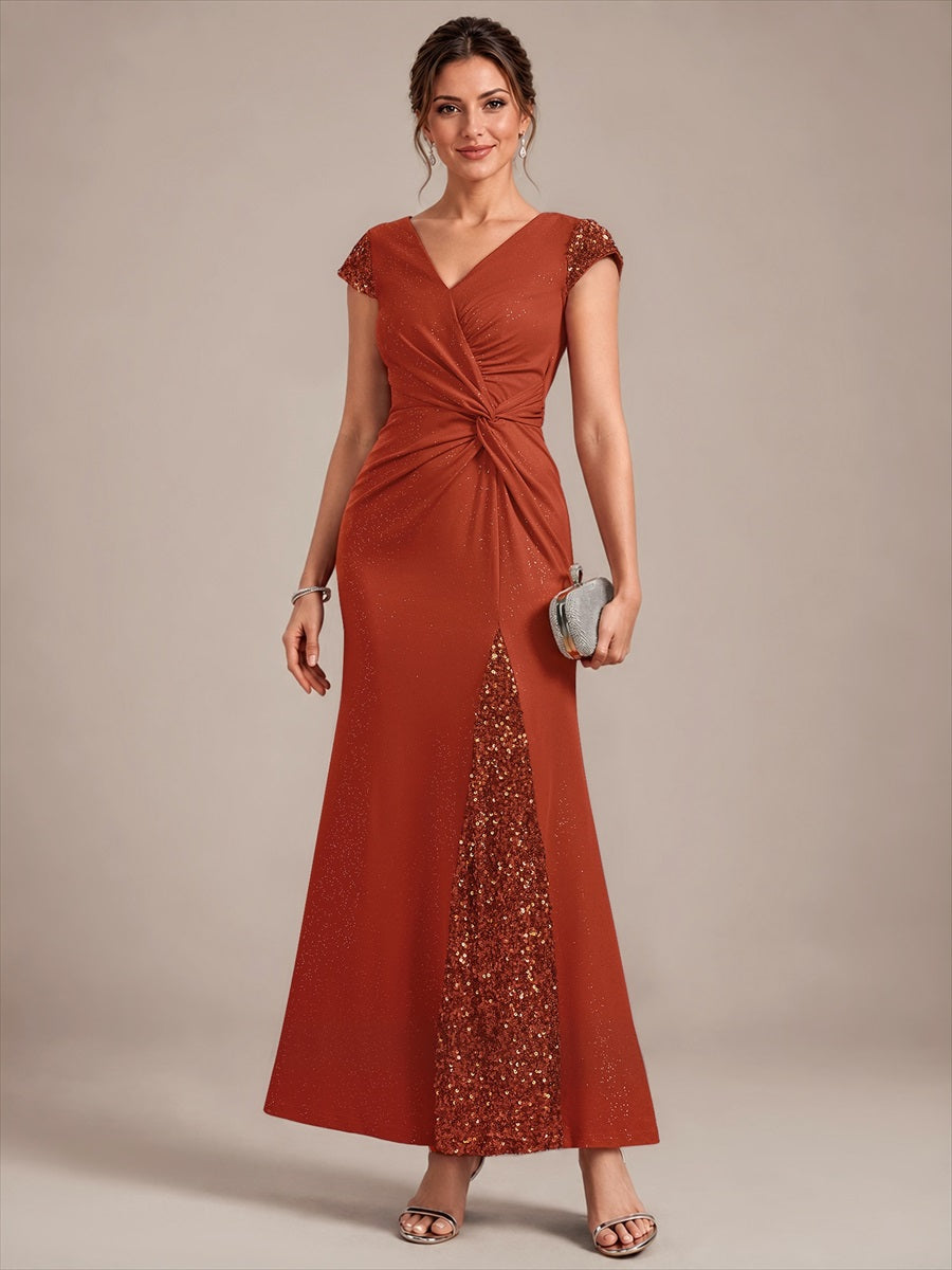 Bodenlanger V-Ausschnitt Bodycon Strickkleid Mit Geknotetem Pailletten Patchwork Glitzer Details Kleid #Farbe_Gebranntes Orange