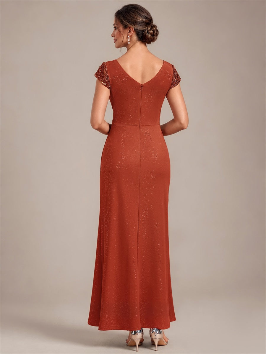 Bodenlanger V-Ausschnitt Bodycon Strickkleid Mit Geknotetem Pailletten Patchwork Glitzer Details Kleid #Farbe_Gebranntes Orange
