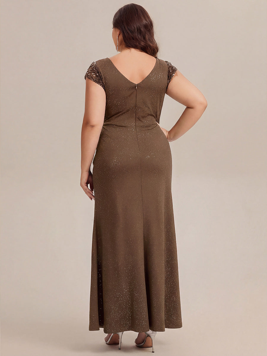 Bodenlanger V-Ausschnitt Bodycon Strickkleid Mit Geknotetem Pailletten Patchwork Glitzer Details Kleid #Farbe_Kaffee