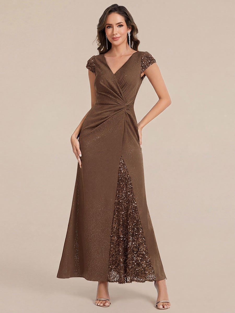 Bodenlanger V-Ausschnitt Bodycon Strickkleid Mit Geknotetem Pailletten Patchwork Glitzer Details Kleid #Farbe_Kaffee