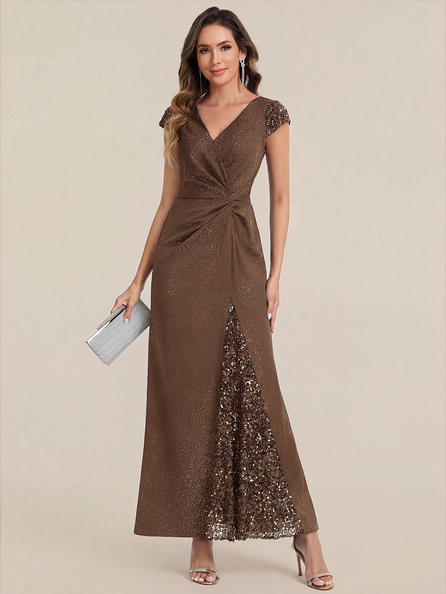 Bodenlanger V-Ausschnitt Bodycon Strickkleid Mit Geknotetem Pailletten Patchwork Glitzer Details Kleid #Farbe_Kaffee