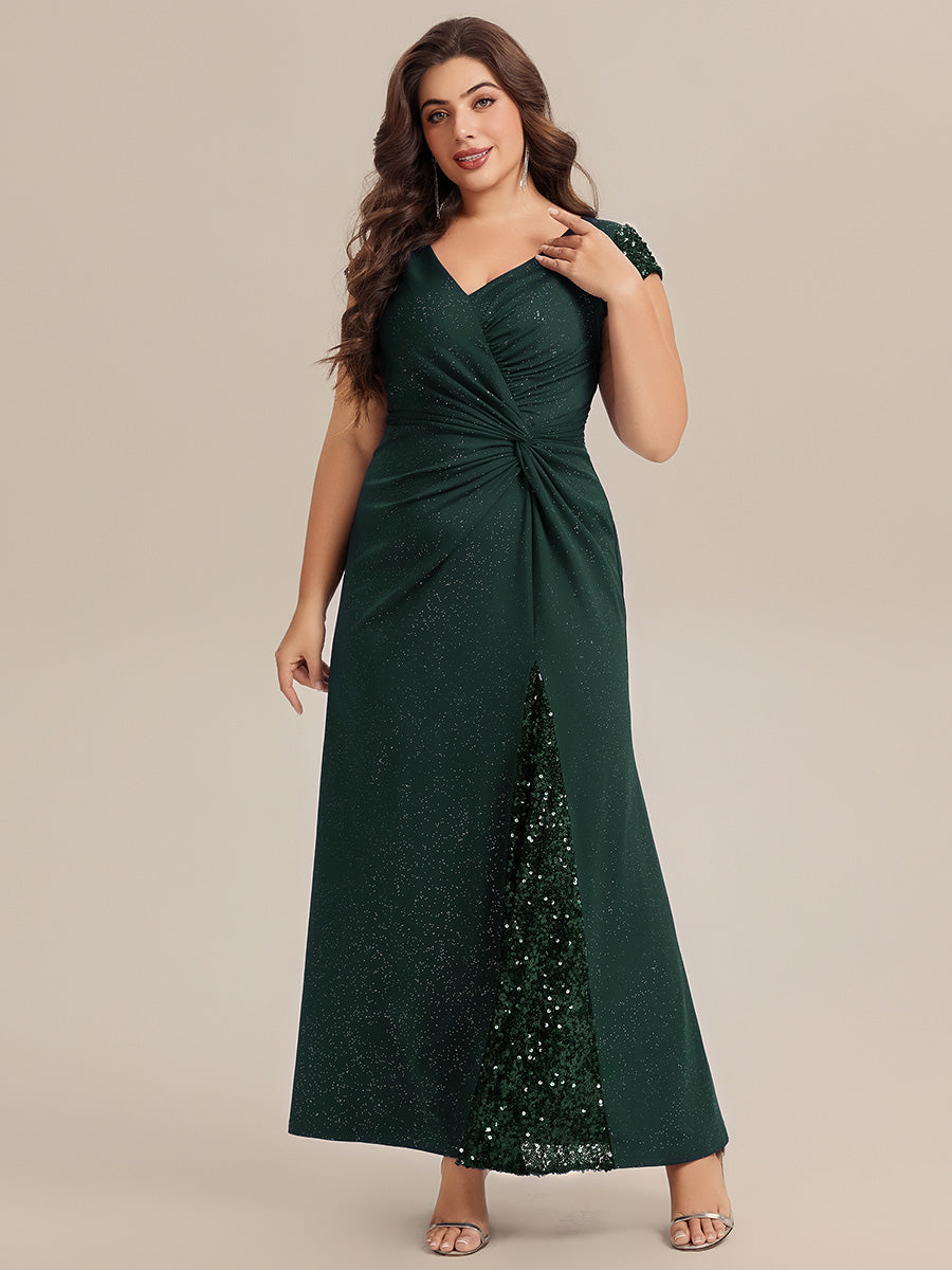 Bodenlanger V-Ausschnitt Bodycon Strickkleid Mit Geknotetem Pailletten Patchwork Glitzer Details Kleid #Farbe_Dunkelgrün