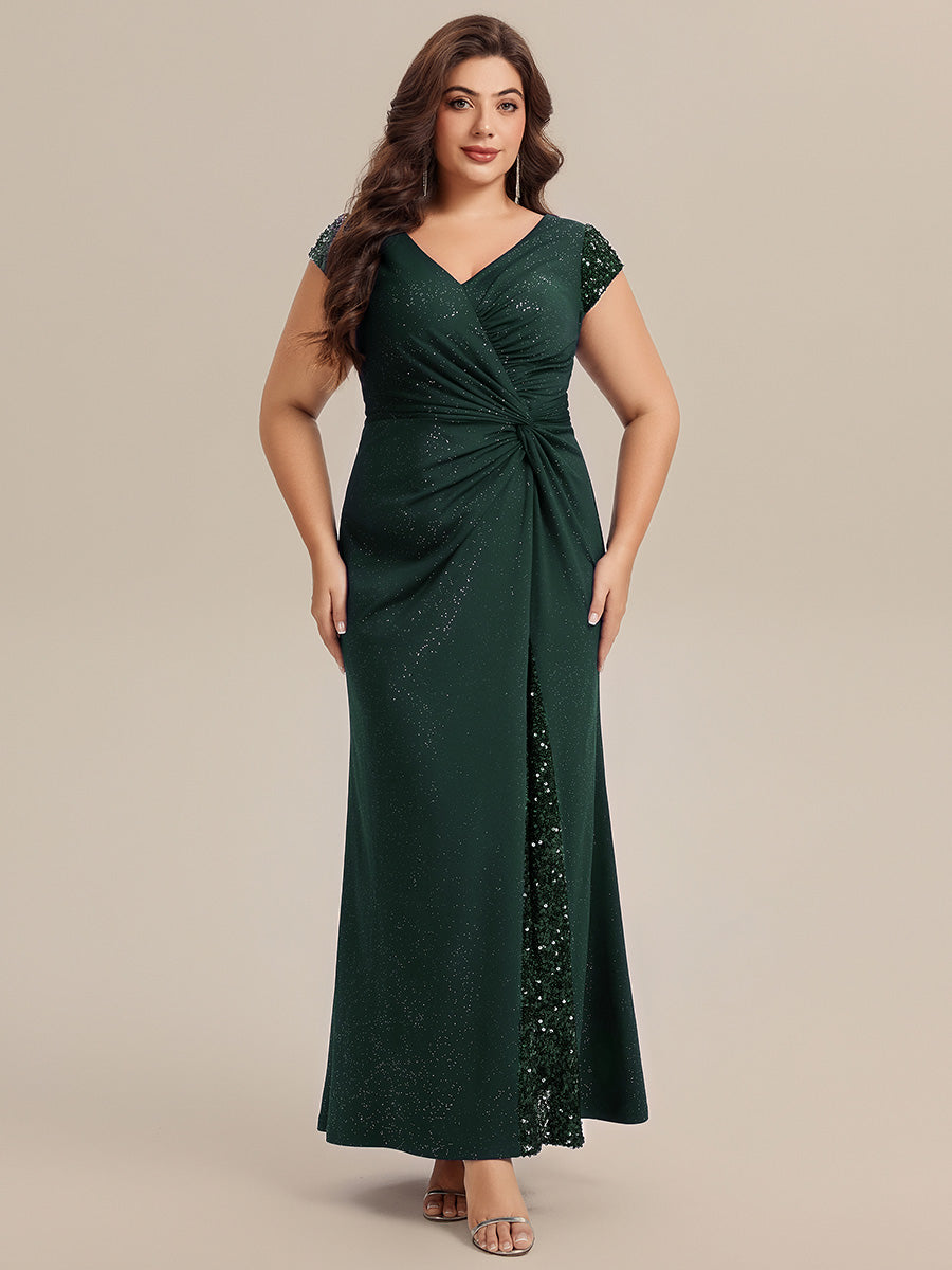 Bodenlanger V-Ausschnitt Bodycon Strickkleid Mit Geknotetem Pailletten Patchwork Glitzer Details Kleid #Farbe_Dunkelgrün
