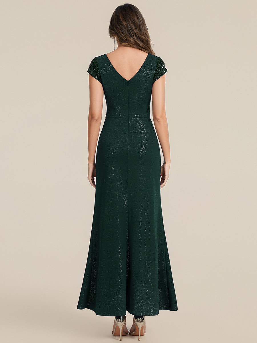 Bodenlanger V-Ausschnitt Bodycon Strickkleid Mit Geknotetem Pailletten Patchwork Glitzer Details Kleid #Farbe_Dunkelgrün