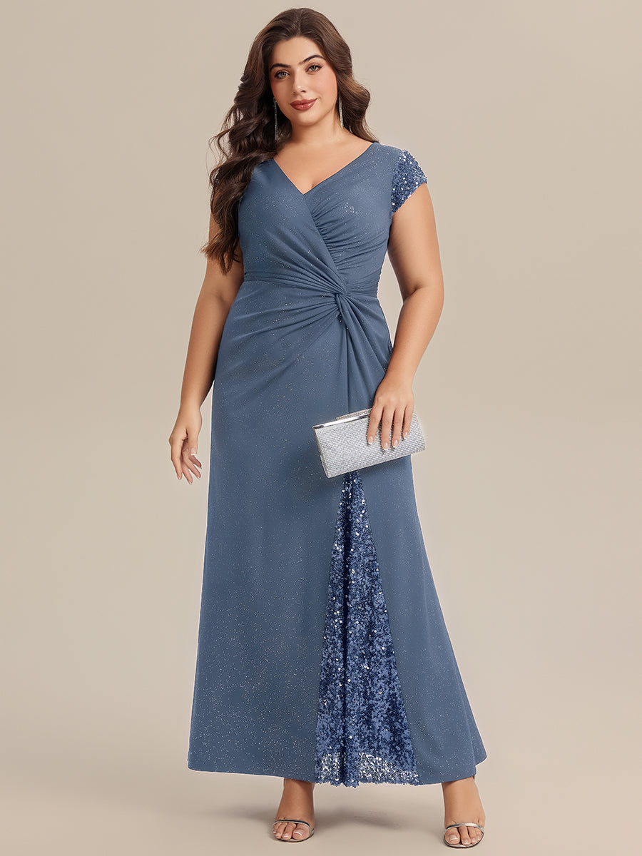 Bodenlanger V-Ausschnitt Bodycon Strickkleid Mit Geknotetem Pailletten Patchwork Glitzer Details Kleid #Farbe_Taubenblau