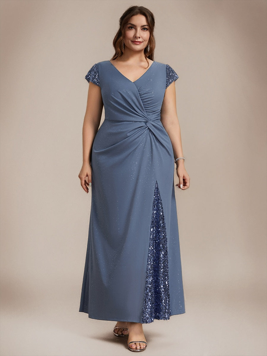 Bodenlanger V-Ausschnitt Bodycon Strickkleid Mit Geknotetem Pailletten Patchwork Glitzer Details Kleid #Farbe_Taubenblau
