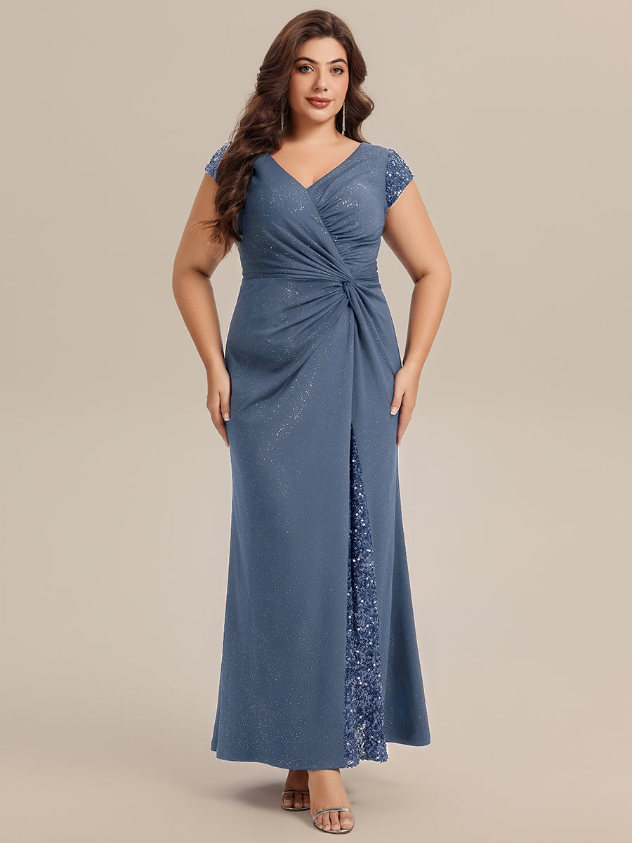 Bodenlanger V-Ausschnitt Bodycon Strickkleid Mit Geknotetem Pailletten Patchwork Glitzer Details Kleid #Farbe_Taubenblau