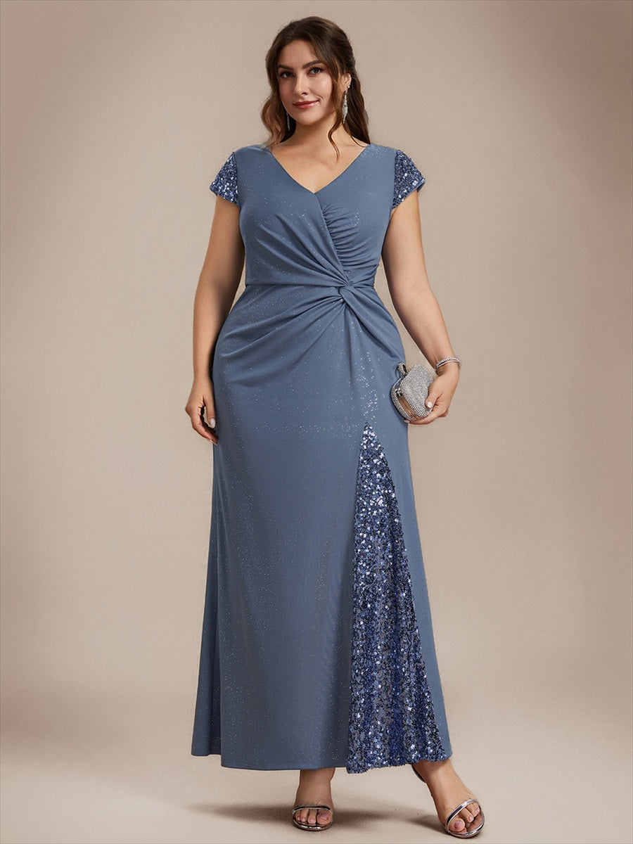 Bodenlanger V-Ausschnitt Bodycon Strickkleid Mit Geknotetem Pailletten Patchwork Glitzer Details Kleid #Farbe_Taubenblau