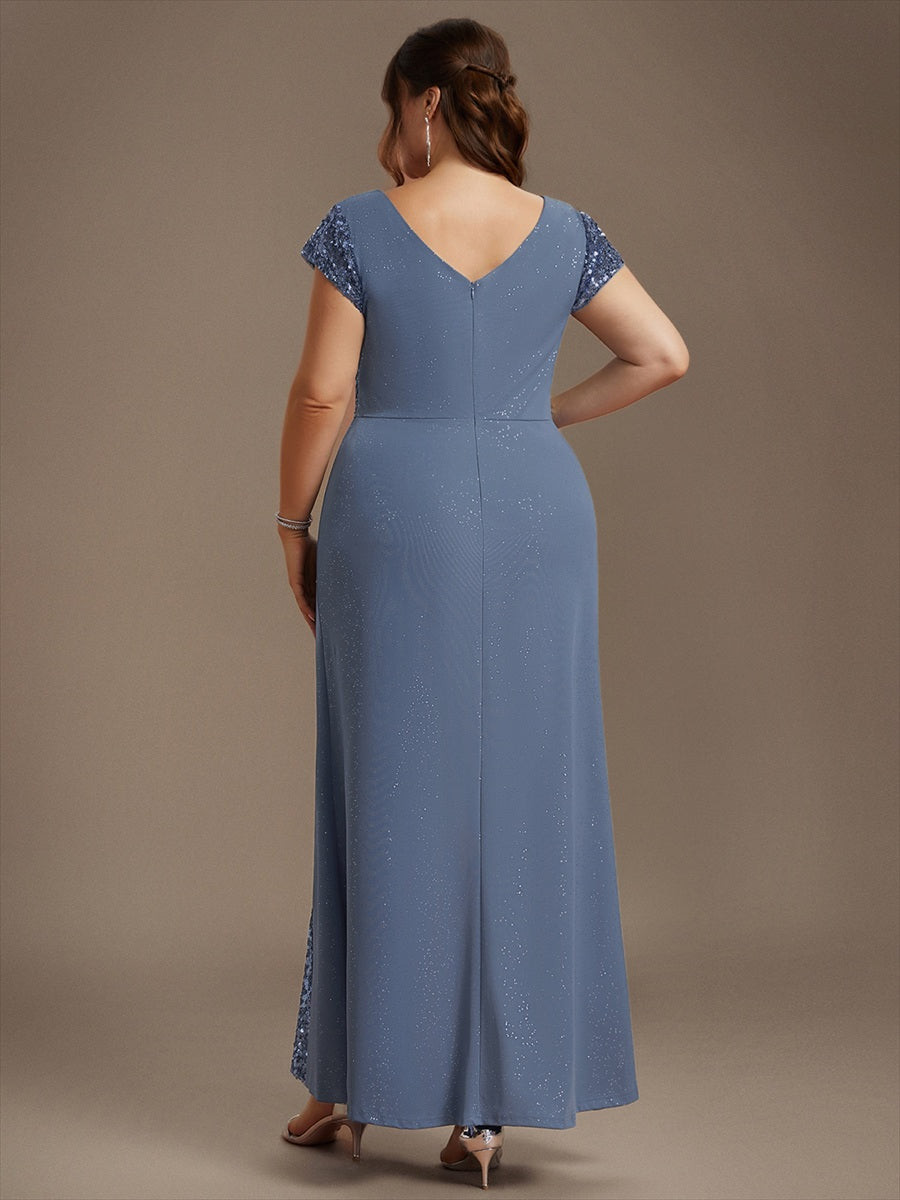 Bodenlanger V-Ausschnitt Bodycon Strickkleid Mit Geknotetem Pailletten Patchwork Glitzer Details Kleid #Farbe_Taubenblau