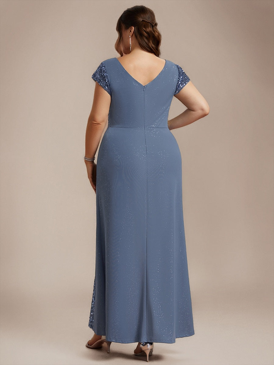 Bodenlanger V-Ausschnitt Bodycon Strickkleid Mit Geknotetem Pailletten Patchwork Glitzer Details Kleid #Farbe_Taubenblau