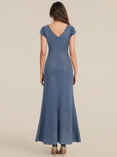Bodenlanger V-Ausschnitt Bodycon Strickkleid Mit Geknotetem Pailletten Patchwork Glitzer Details Kleid #Farbe_Taubenblau