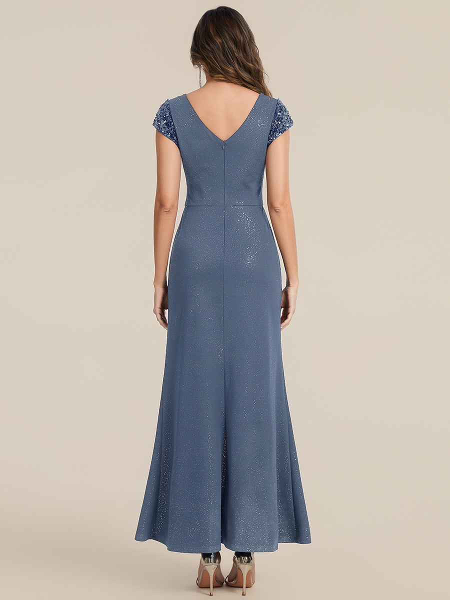 Bodenlanger V-Ausschnitt Bodycon Strickkleid Mit Geknotetem Pailletten Patchwork Glitzer Details Kleid #Farbe_Taubenblau